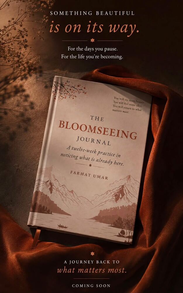 The Bloomseeing Journal resting on rust-coloured velvet